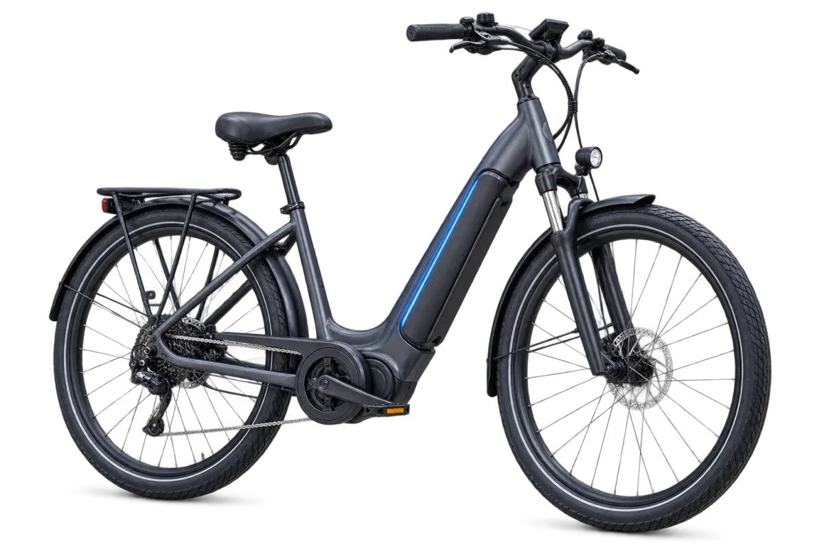 Freigestelltes E-Bike mit hervorgehobener Batterie im Unterrohr